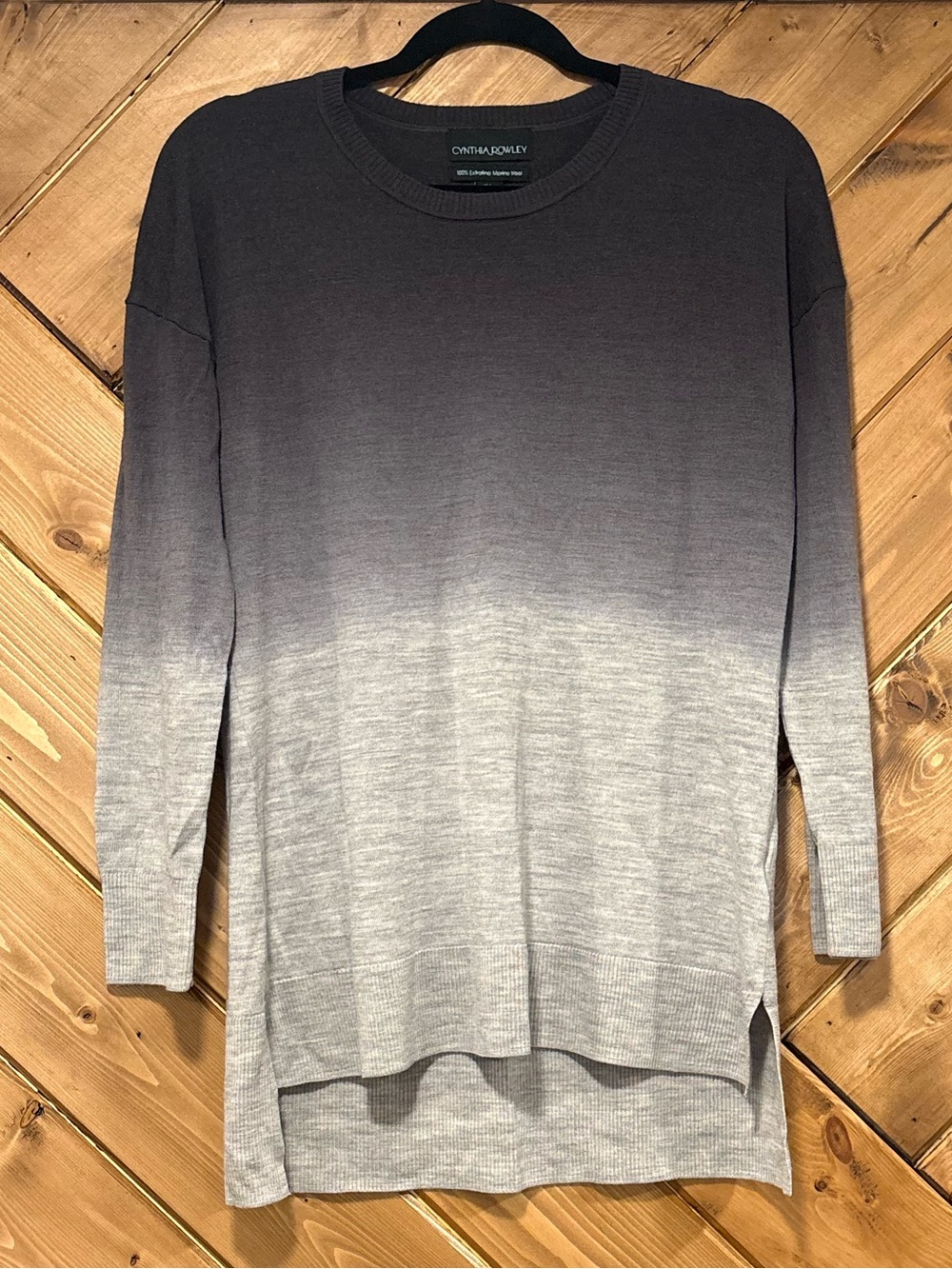 Cynthia Rowley Ombre Crewneck Sweater - Charcoal to Light Grey 100% Merino Wool